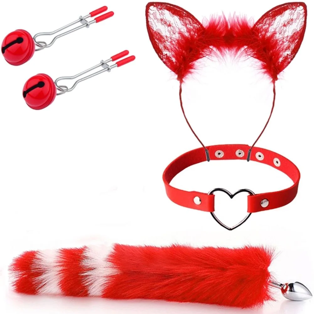 Kit Plug Anal Rabo Raposa, Tiara de Orelhas, Grampos para Seios e Gargantilha