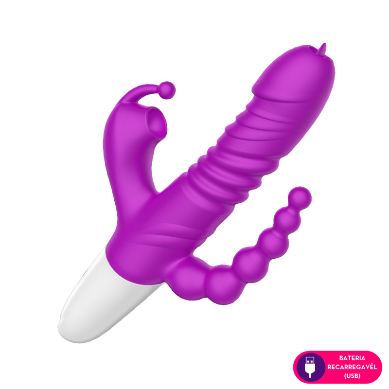 VIBRADOR 3 EM 1 COM PULSAÇÃO no clitóris vai e vem com linguinha E PLUG ANAL (1151) recarregável