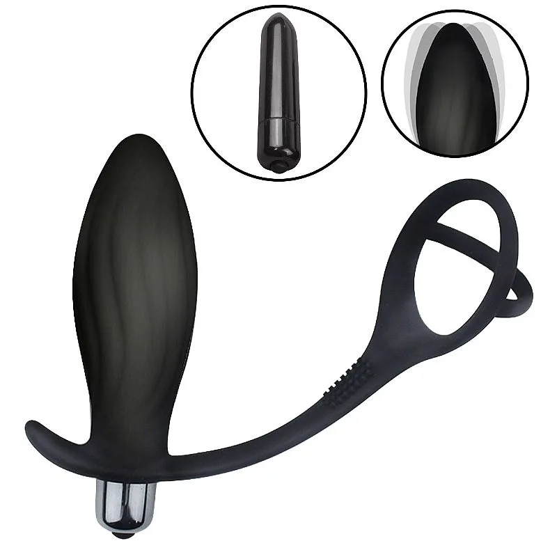 Plug para Próstata em Silicone com Anel Duplo / ? Pilha Preto