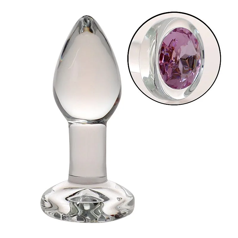 Plug Anal de Vidro - com Joia Rosa - 8,7 x 3,4 cm