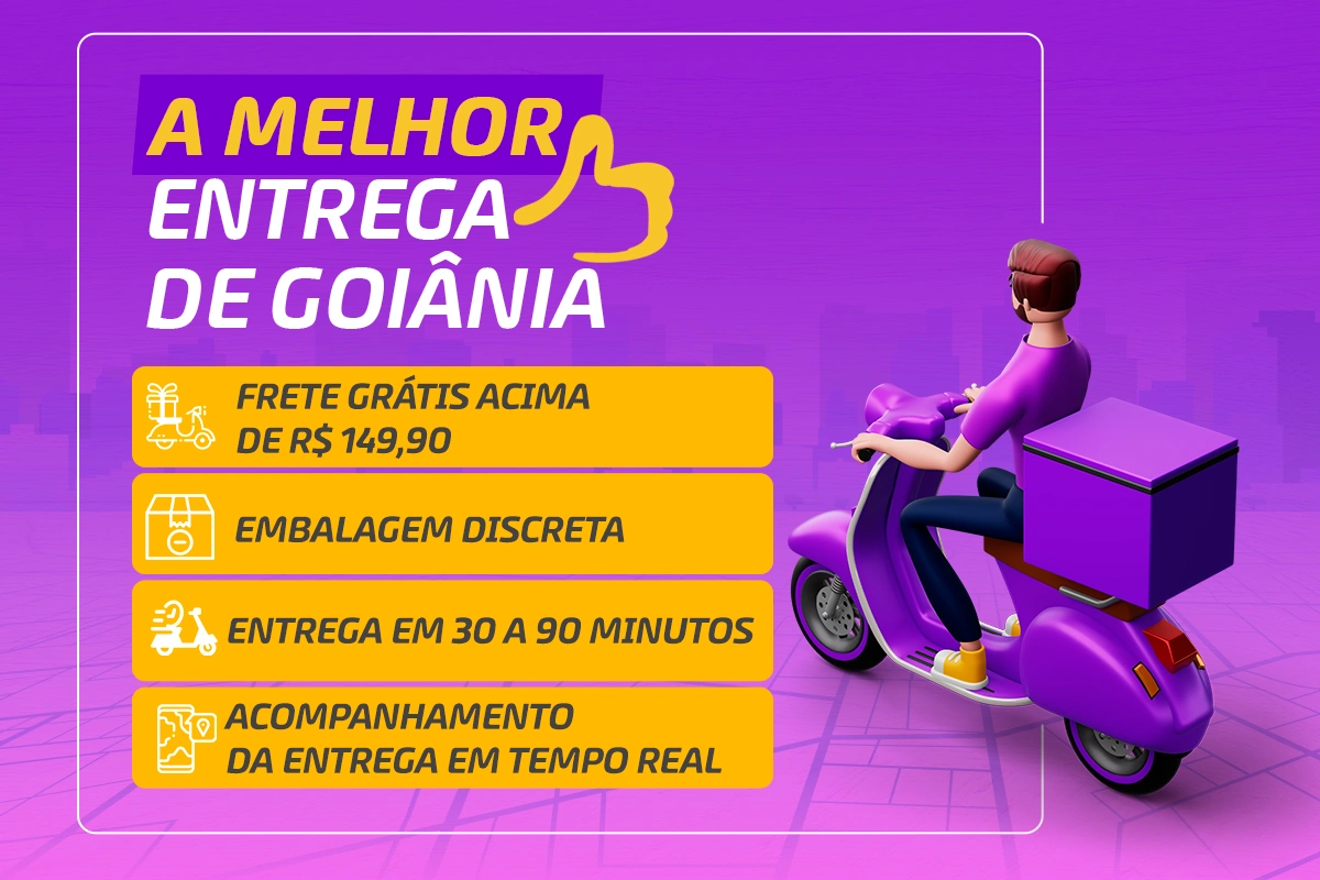 otoboy em scooter roxa com fundo urbano e destaques sobre os diferenciais da entrega em Goiânia: frete grátis acima de R$ 149,90, embalagem discreta, entrega em até 90 minutos e rastreamento em tempo real.
