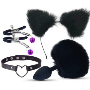 Kit - Rabo de Coelho com Tiara de Orelhas - Grampos para os seios em Metal e Gargantilha (7341)