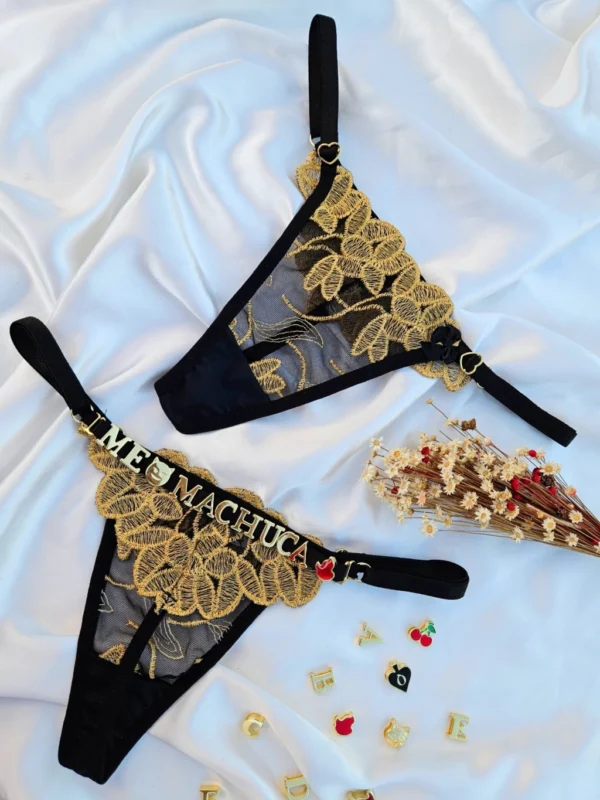 Calcinha renda personalizável (P05) preta com dourado