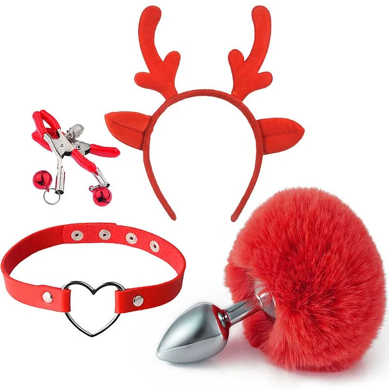 Kit Rabo de Coelho +Tiara de Orelhas + Grampos para os seios em Metal + Gargantilha (7442)