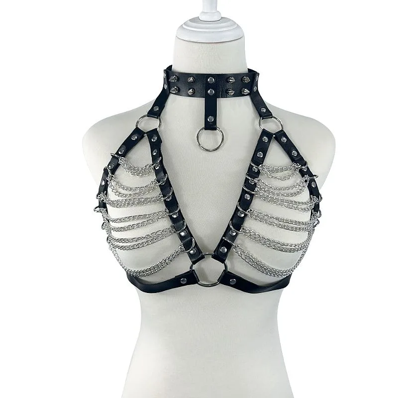 Harness com Contorno de Busto em Couro com Correntes