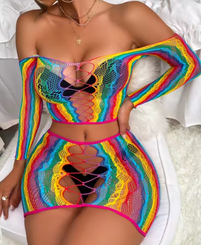 Conjunto Sensual Arrastão Rainbow Com Top Manga Longa E Saia