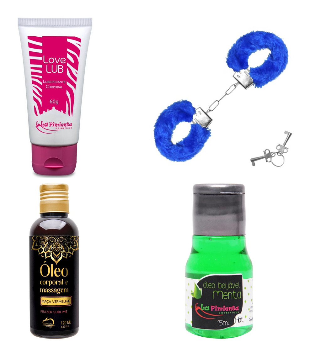 Lubr1f1c4nt3 neutro + 4lg3m4 de metal com pelucia + óleo para massagem + gel comestivel