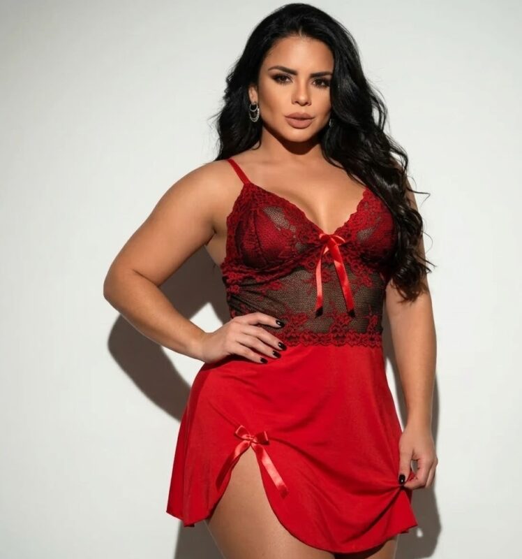 Camisola Serena Em Tule Com Laços (GG) vermelho c/ creme