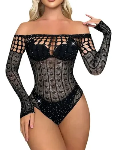 Body Arrastão Kendal Manga Longa Com Detalhes Vazados E Strass