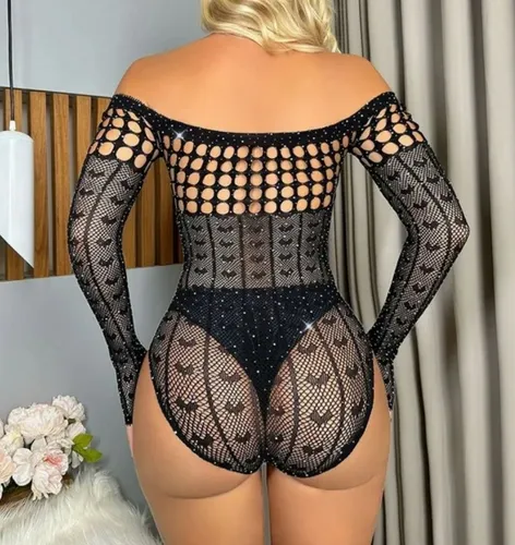 Body Arrastão Kendal Manga Longa Com Detalhes Vazados E Strass