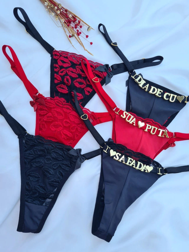 Calcinha personalizavél fio duplo - preto com vermelho