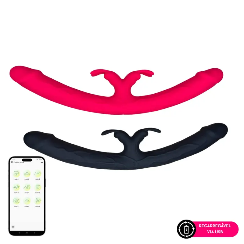 Vibrador duas pontas com estimulador clitoriano central por aplicativo de celualar (1836) recarregavel — comprar com embalagem discreta na iFody