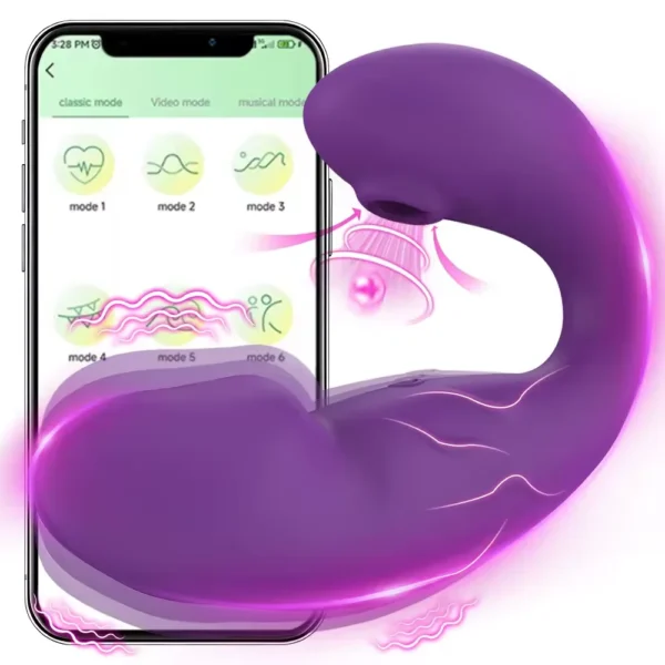 Vibrador ponto G com estimulador clitoriano por aplicativo de celular (3415) recarregavel