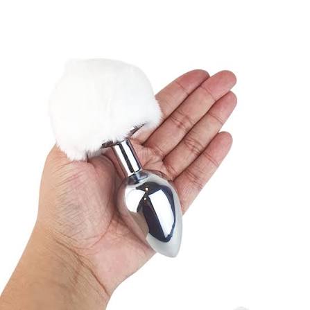 Plug anal de aço prata com pompom ( G) branco — foto 1