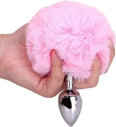 Plug anal de aço prata com pompom rosa - G — foto 1