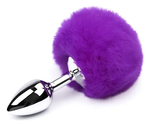 Plug anal de aço prata com pompom roxo - G — foto 1