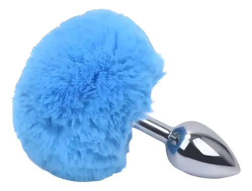 Plug anal de aço prata com pompom azul - P — foto 1