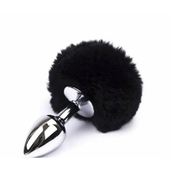 Plug anal de aço prata com pompom preto - G