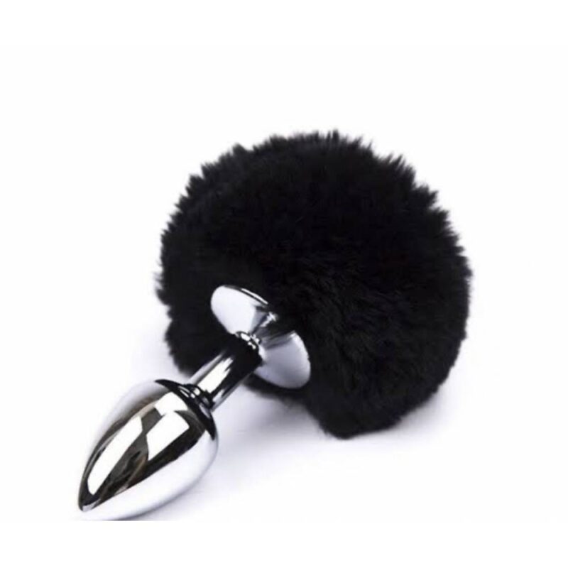 Plug anal de aço prata com pompom preto - G