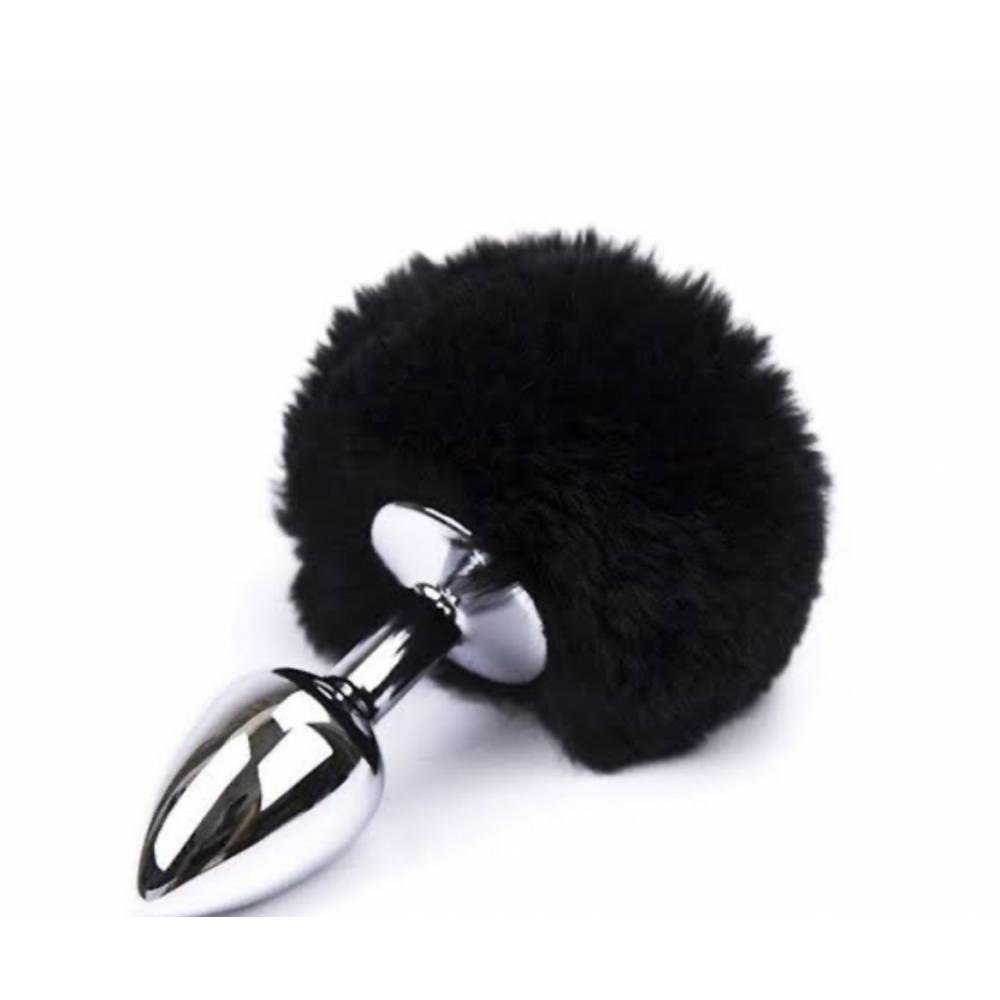 Plug anal de aço prata com pompom preto - G — foto 1