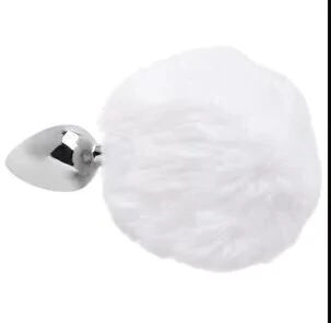 Plug anal de aço prata com pompom branco - G — foto 1