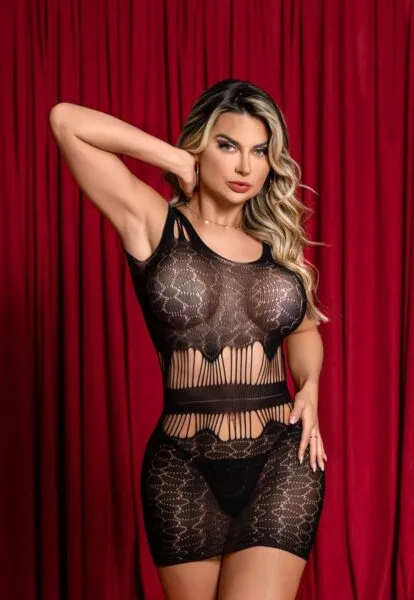 Vestido Bodystocking com Gola Alta e Padrão Floral Vazado