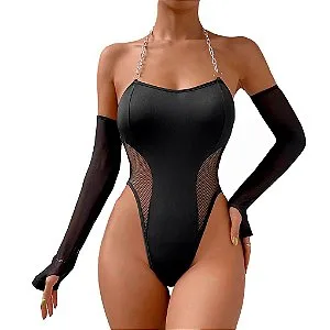 Conjunto Lingerie Body com Corrente e Luvas Preto