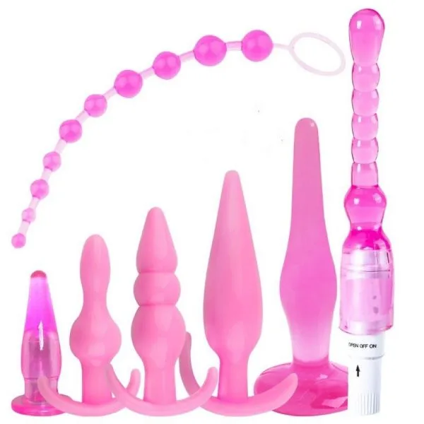 Kit 6 Plug Anal com Vibrador à Pilha Rosa